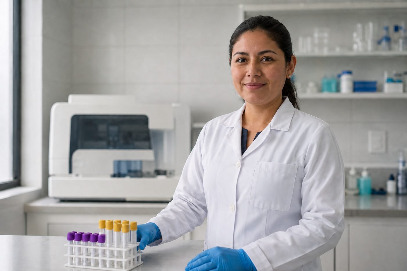 Química bióloga de VitalLab junto a una gradilla de tubos en el área de trabajo del laboratorio