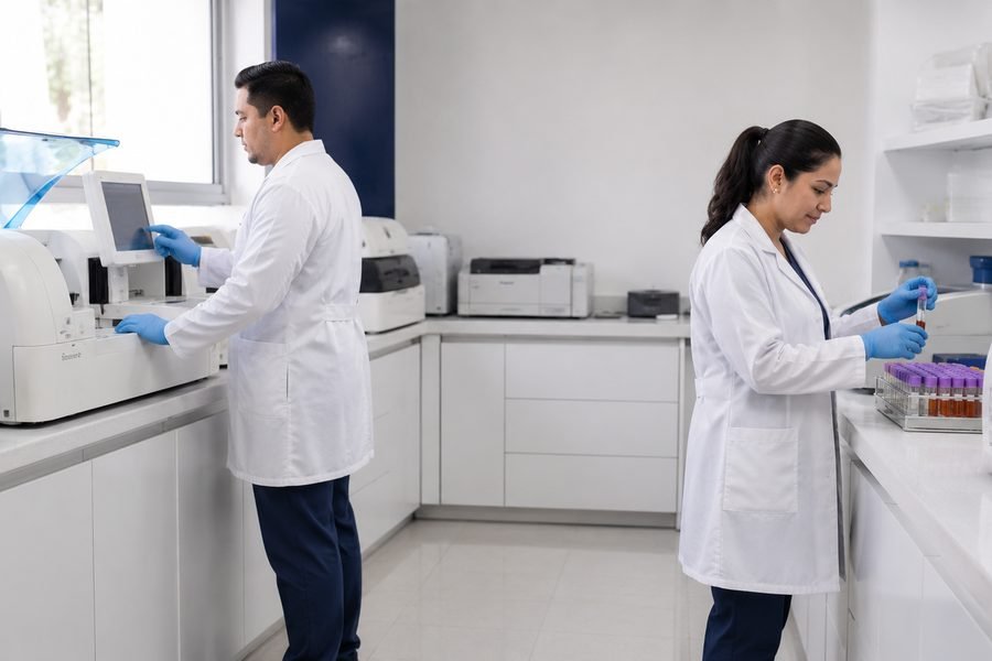 Área de procesamiento de VitalLab con dos profesionales trabajando junto a los analizadores