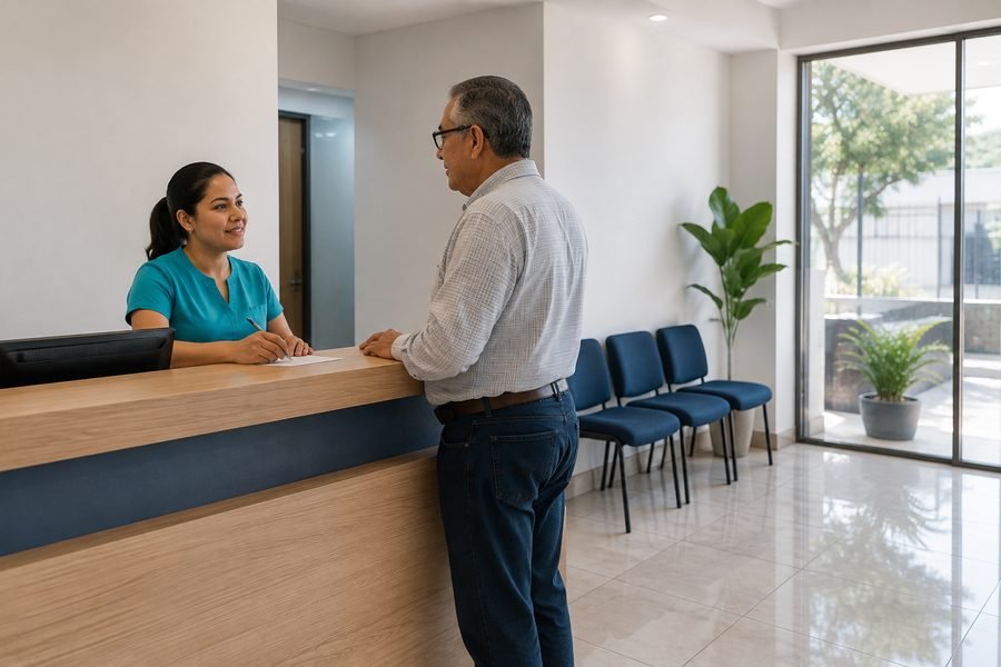 Recepción de VitalLab: mostrador de madera, sillas azules y sala de espera con luz natural